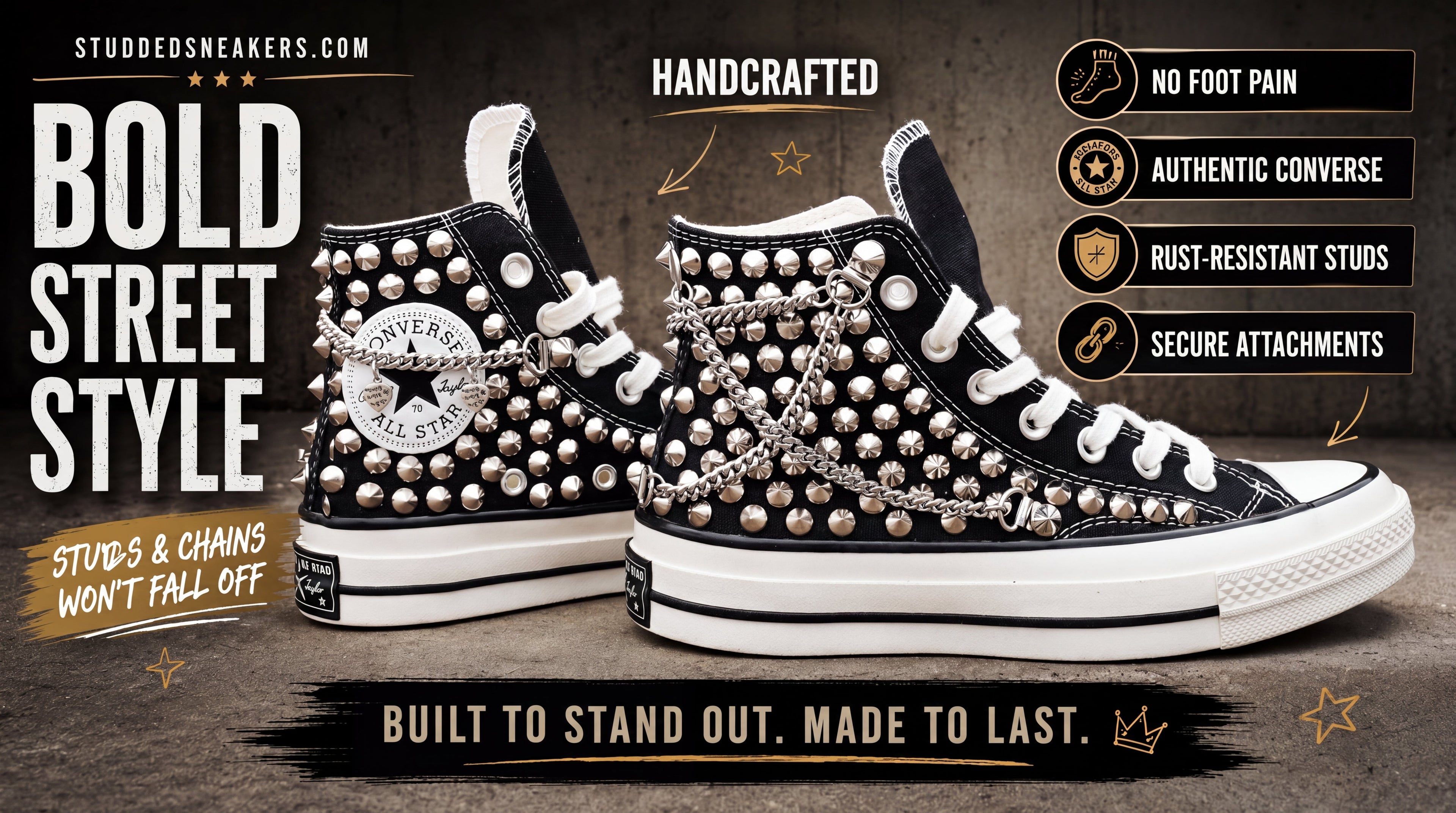 Black studded Converse sneakers with silver chains and skull details in a bold street style Shopify banner for studdedsneakers.com