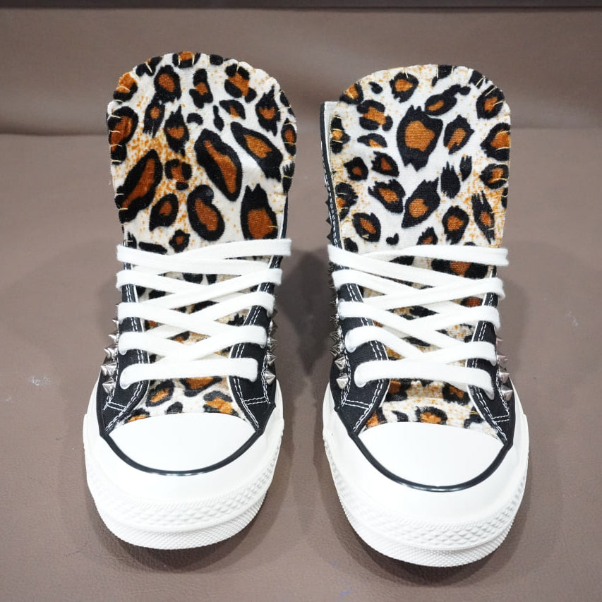 Black Leopard Print Studded High-Top Sneakers, Punk Rock Spiked Canvas Shoes