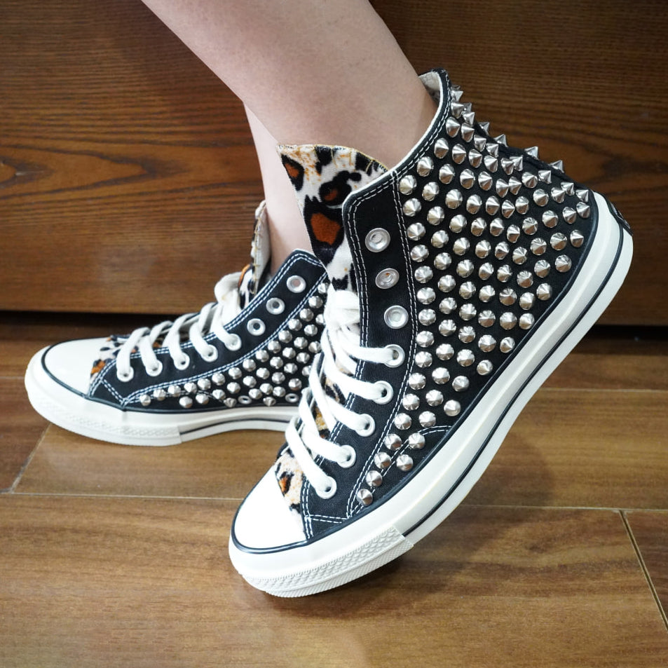 Black Leopard Print Studded High-Top Sneakers, Punk Rock Spiked Canvas Shoes