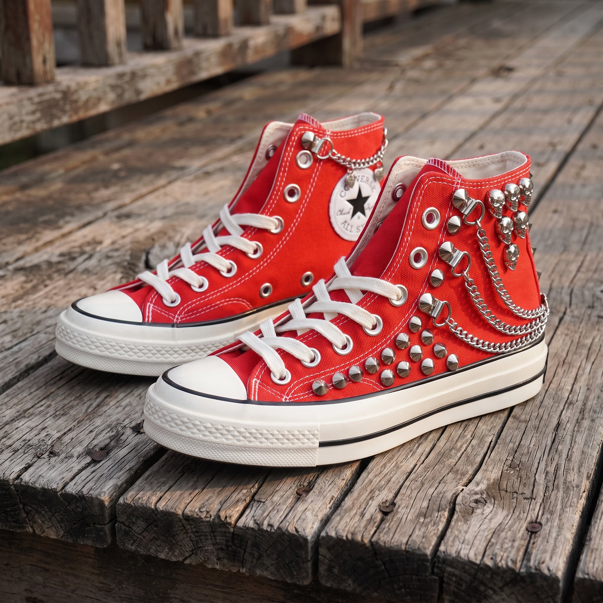 Red Studded High Top Sneakers with Silver Chains & Skull Charms – Punk Rock Custom Canvas Shoes