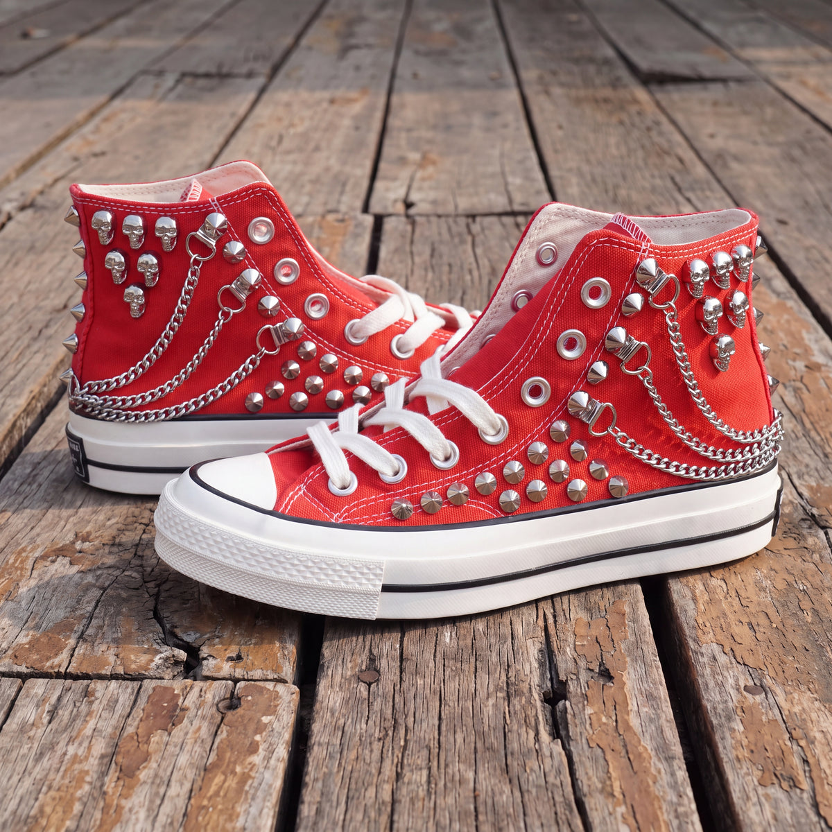 Red Studded High Top Sneakers with Silver Chains & Skull Charms – Punk Rock Custom Canvas Shoes