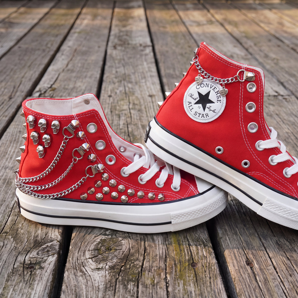 Red Studded High Top Sneakers with Silver Chains & Skull Charms – Punk Rock Custom Canvas Shoes