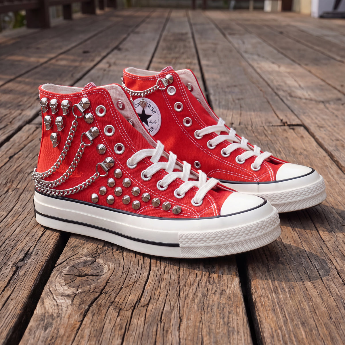 Red Studded High Top Sneakers with Silver Chains & Skull Charms – Punk Rock Custom Canvas Shoes