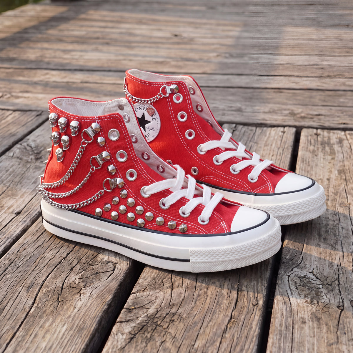 Red Studded High Top Sneakers with Silver Chains & Skull Charms – Punk Rock Custom Canvas Shoes