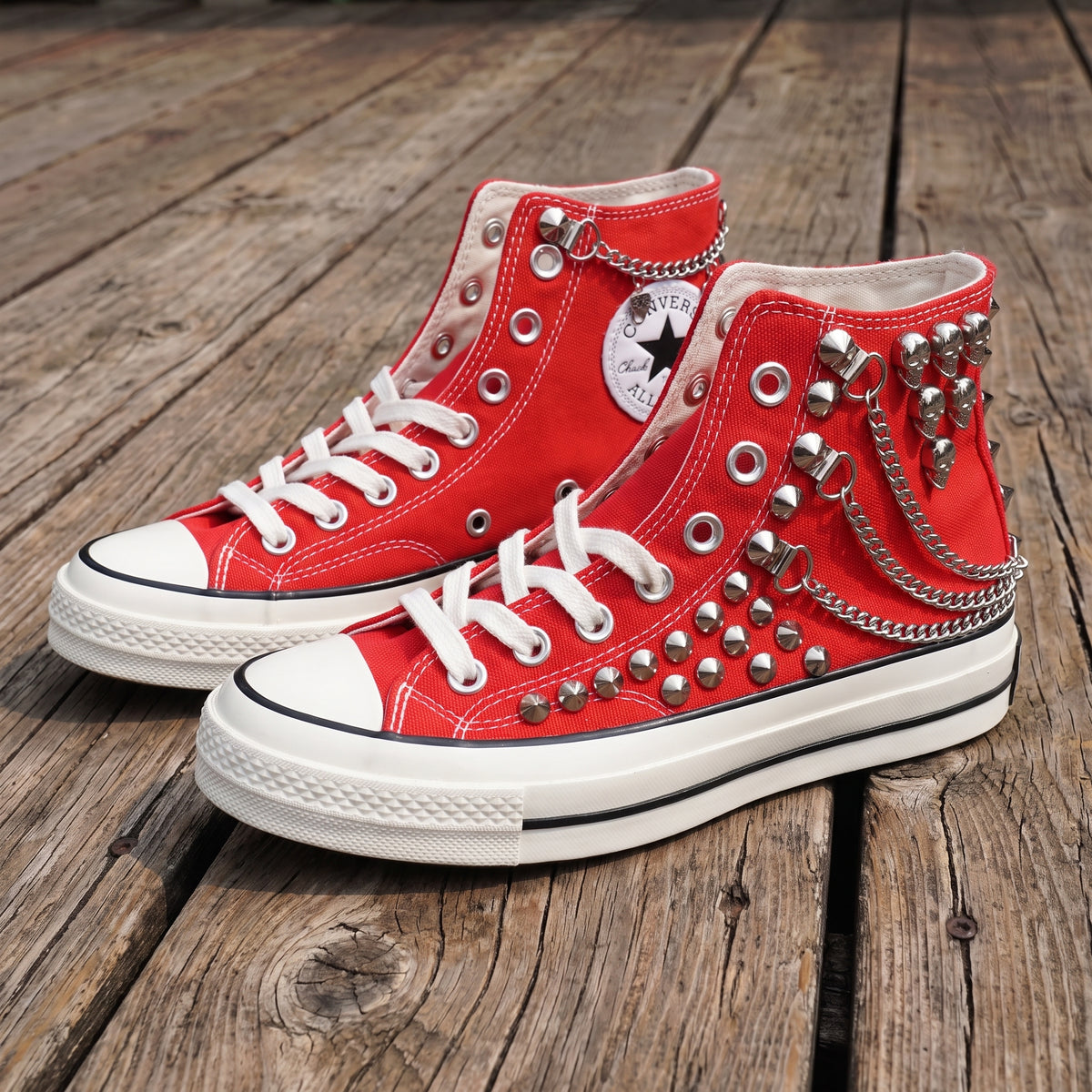 Red Studded High Top Sneakers with Silver Chains & Skull Charms – Punk Rock Custom Canvas Shoes