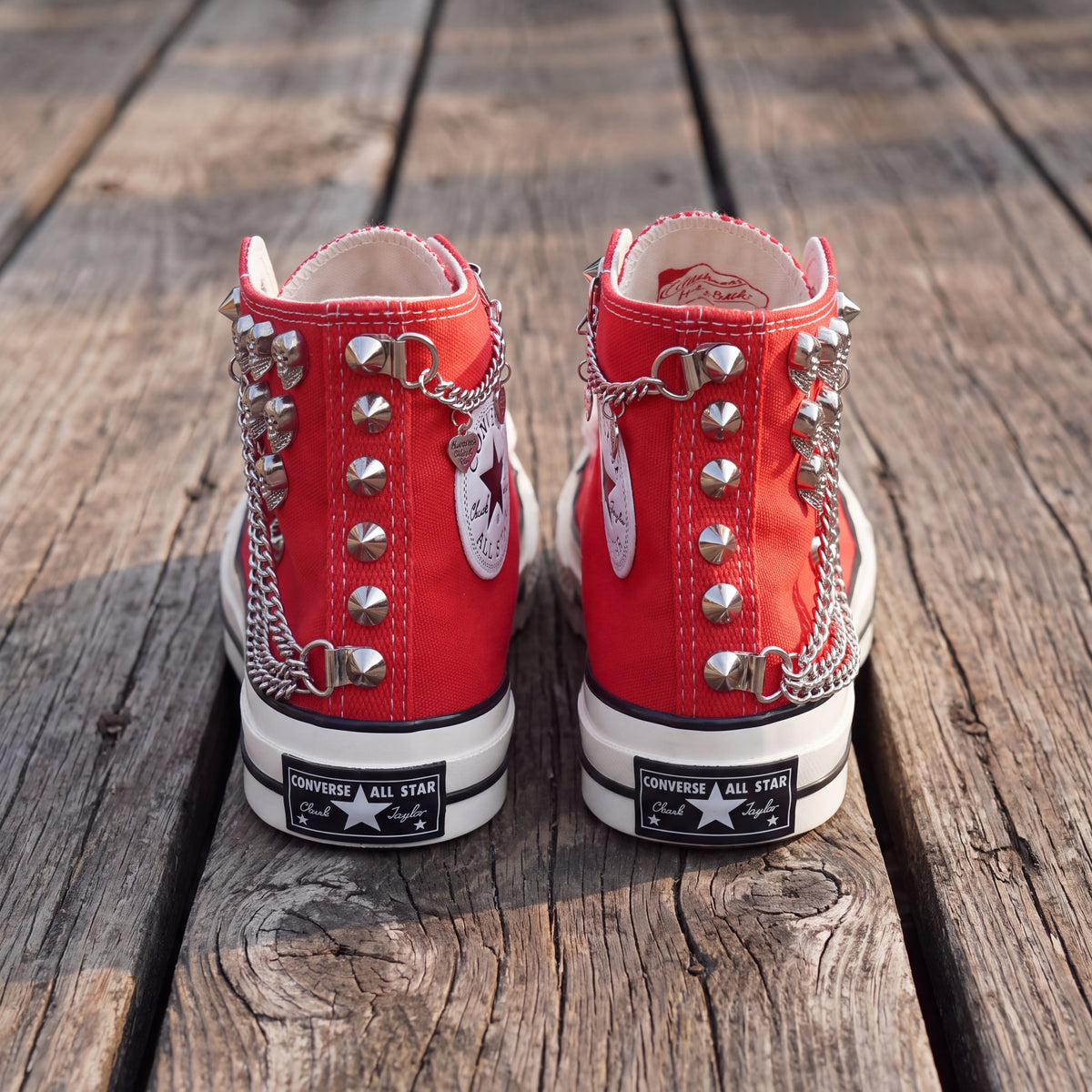Red Studded High Top Sneakers with Silver Chains & Skull Charms – Punk Rock Custom Canvas Shoes