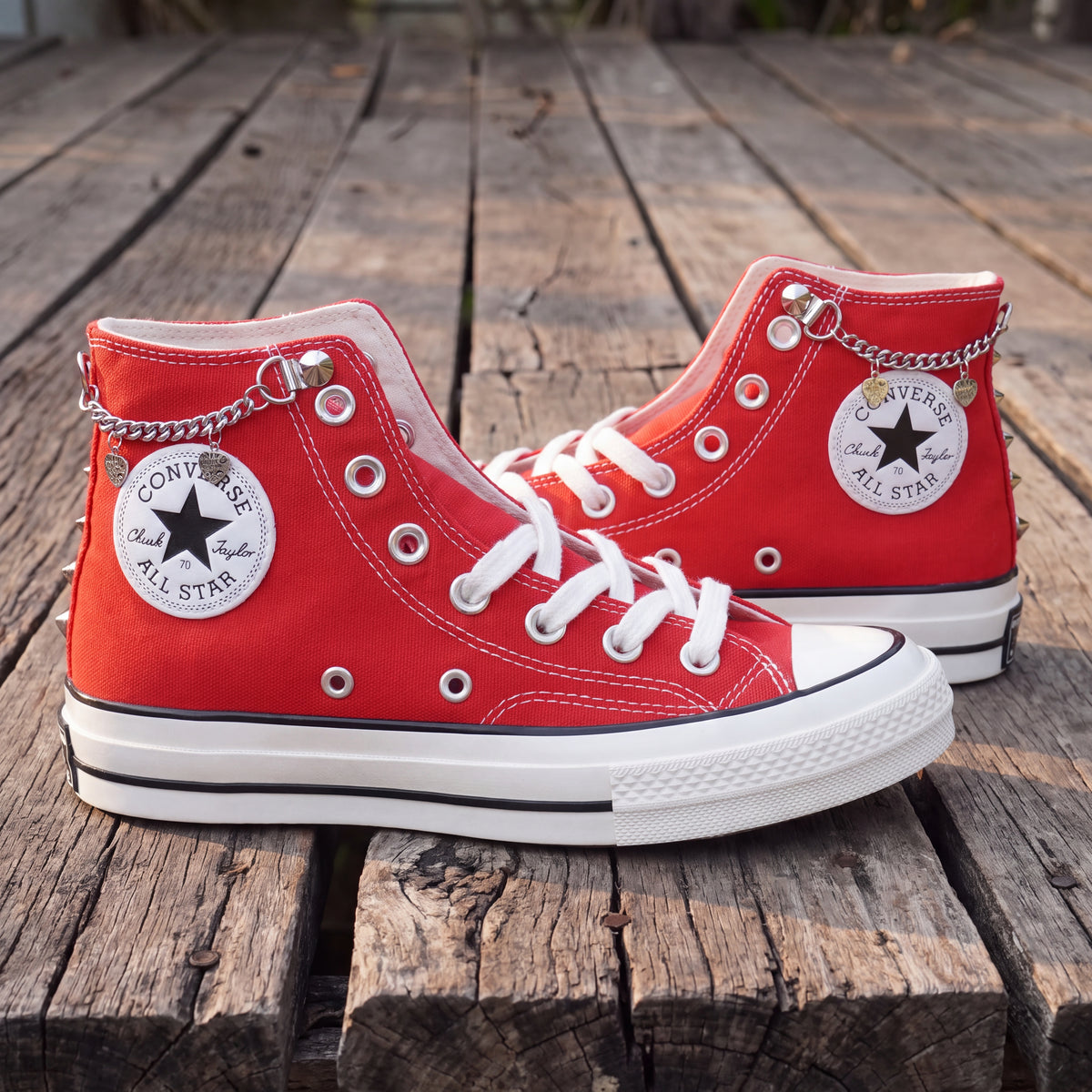 Red Studded High Top Sneakers with Silver Chains & Skull Charms – Punk Rock Custom Canvas Shoes