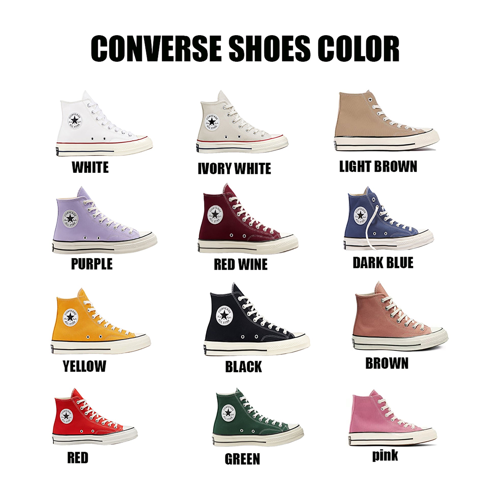 Converse high top sneakers color chart showing white, ivory white, light brown, purple, red wine, dark blue, yellow, black, brown, red, green, and pink options
