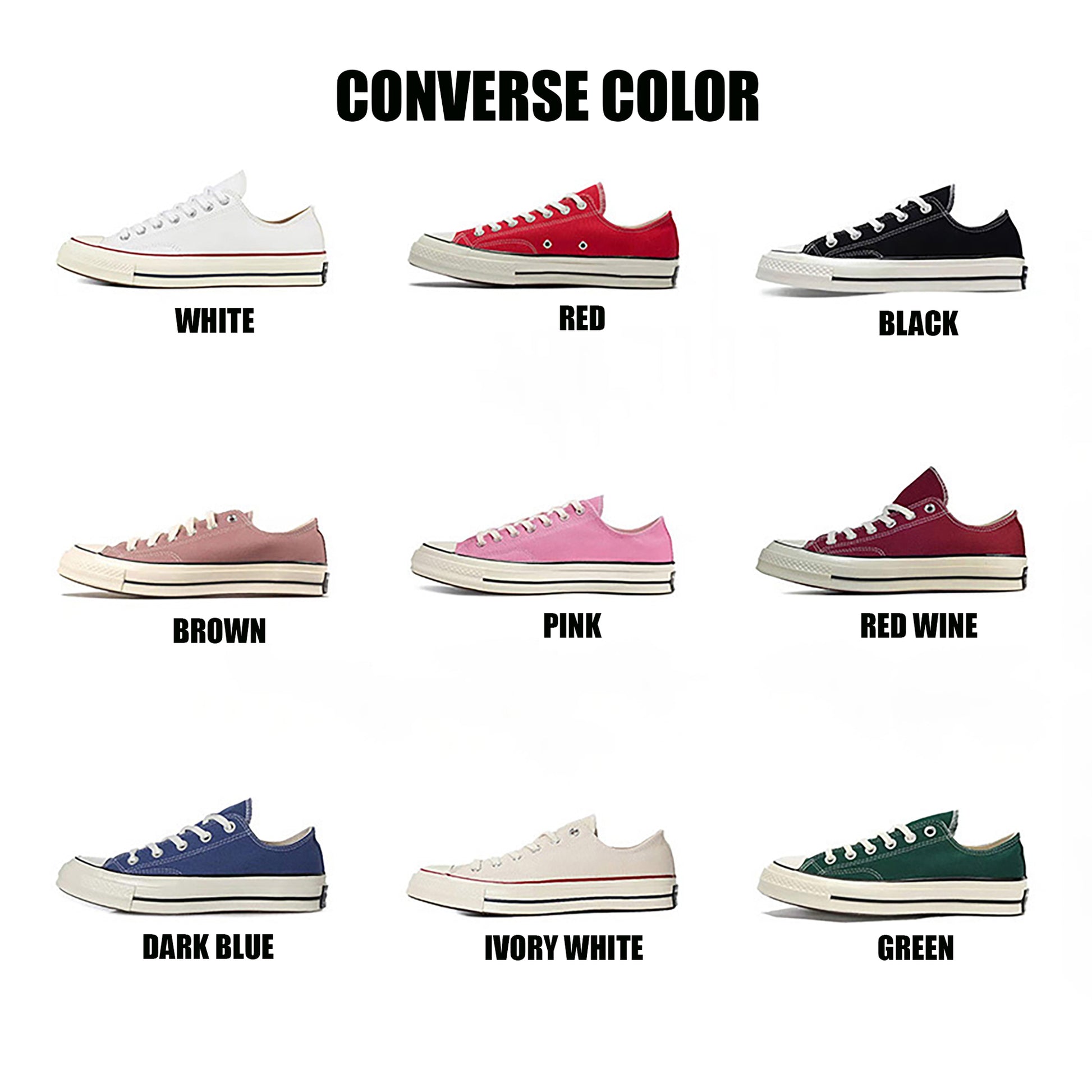 Converse low top sneakers color chart showing white, red, black, brown, pink, red wine, dark blue, ivory white, and green options