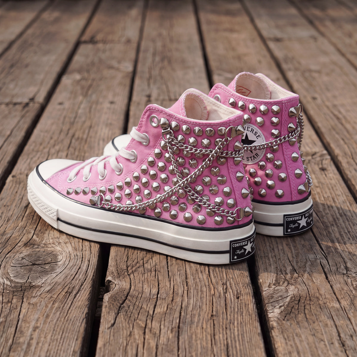 Pink Studded High Top Sneakers with Silver Chains – Punk Rock Custom Canvas Shoes