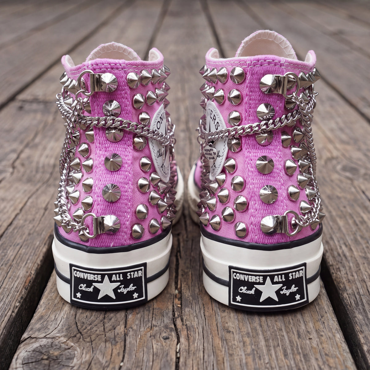 Pink Studded High Top Sneakers with Silver Chains – Punk Rock Custom Canvas Shoes