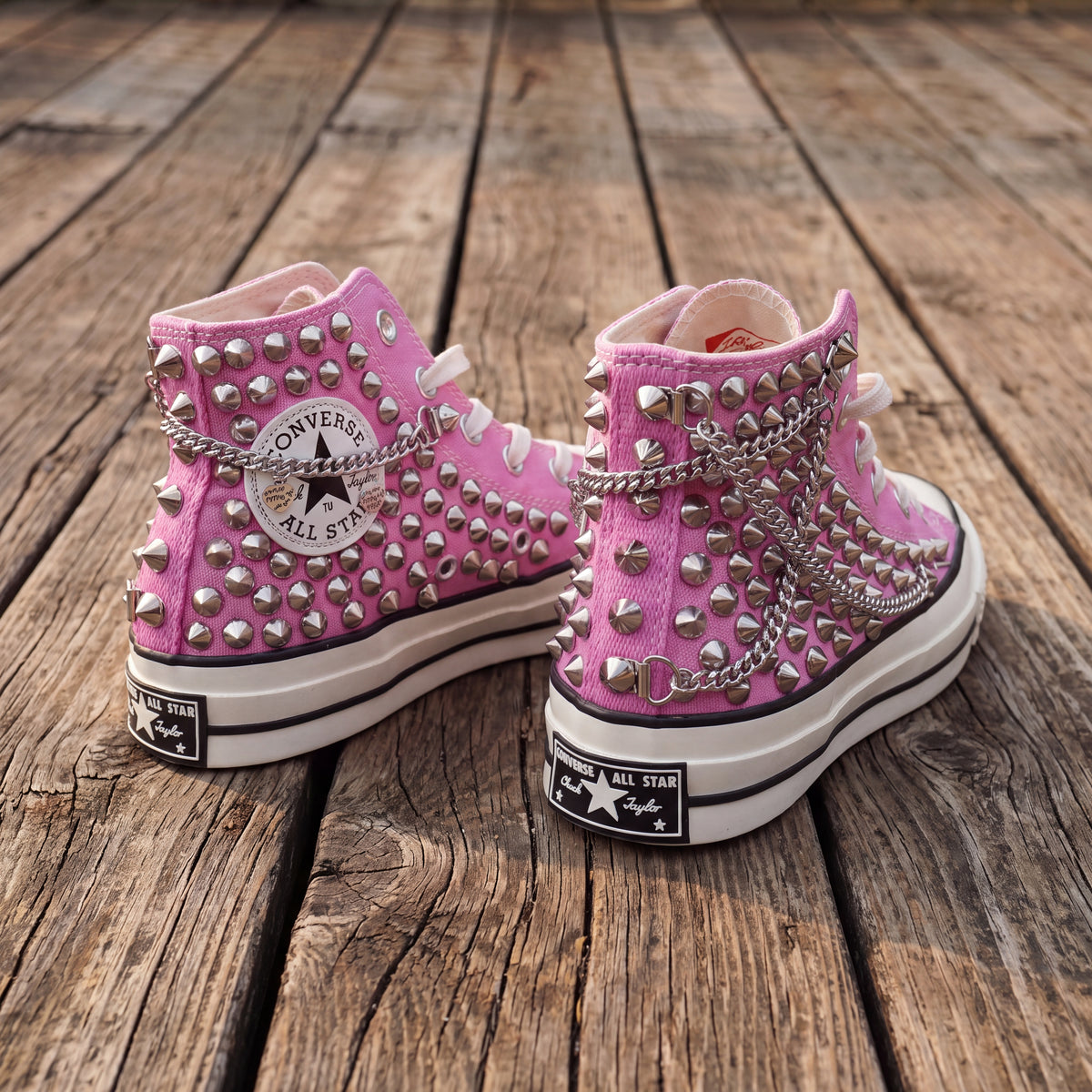 Pink Studded High Top Sneakers with Silver Chains – Punk Rock Custom Canvas Shoes