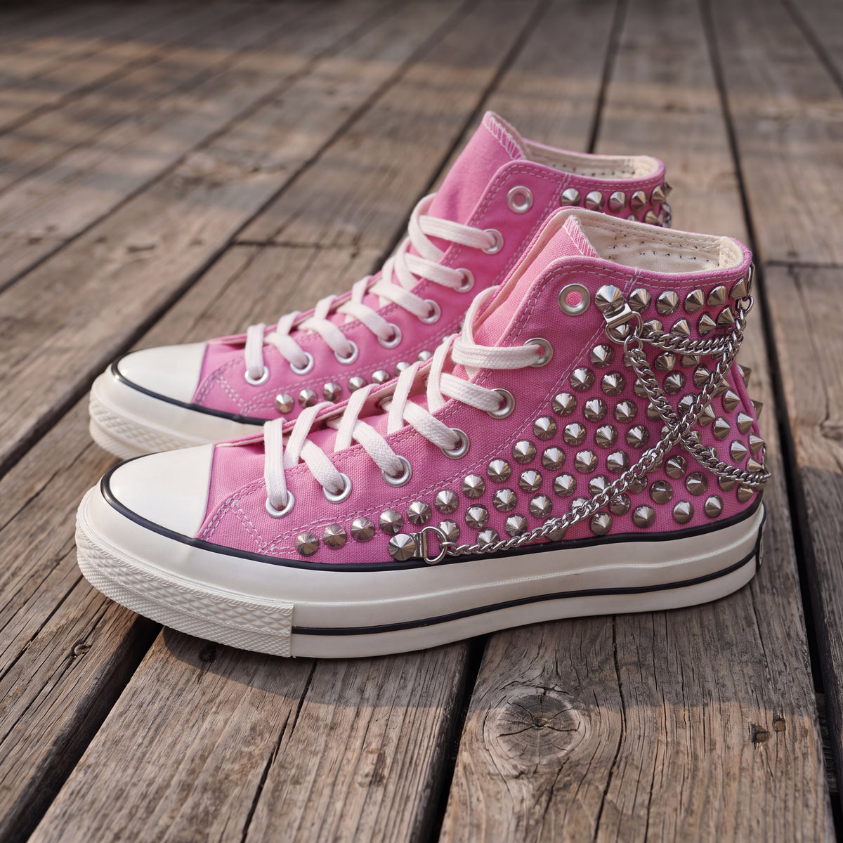 Pink Studded High Top Sneakers with Silver Chains – Punk Rock Custom Canvas Shoes
