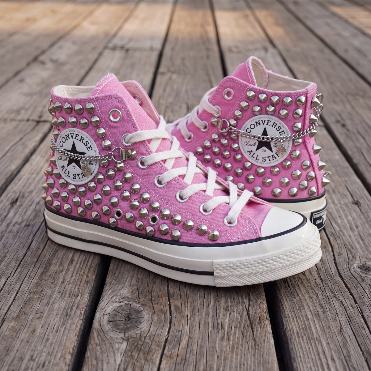 Pink Studded High Top Sneakers with Silver Chains – Punk Rock Custom Canvas Shoes