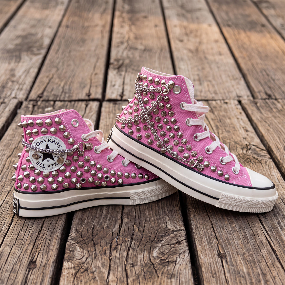 Pink Studded High Top Sneakers with Silver Chains – Punk Rock Custom Canvas Shoes