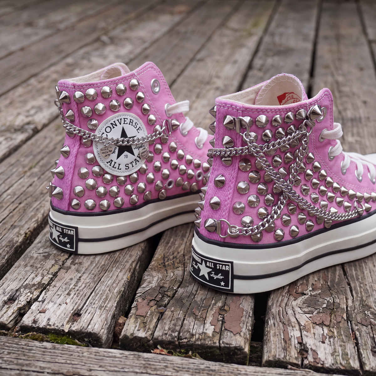 Pink Studded High Top Sneakers with Silver Chains – Punk Rock Custom Canvas Shoes