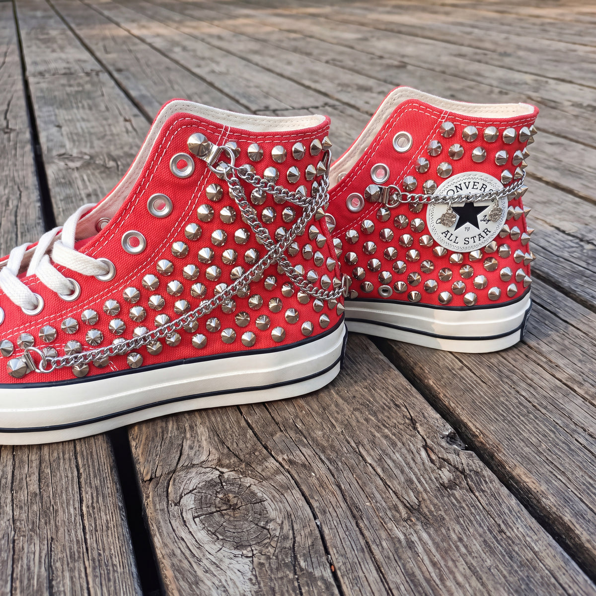 Red Studded High Top Sneakers with Silver Chains – Punk Rock Custom Canvas Shoes
