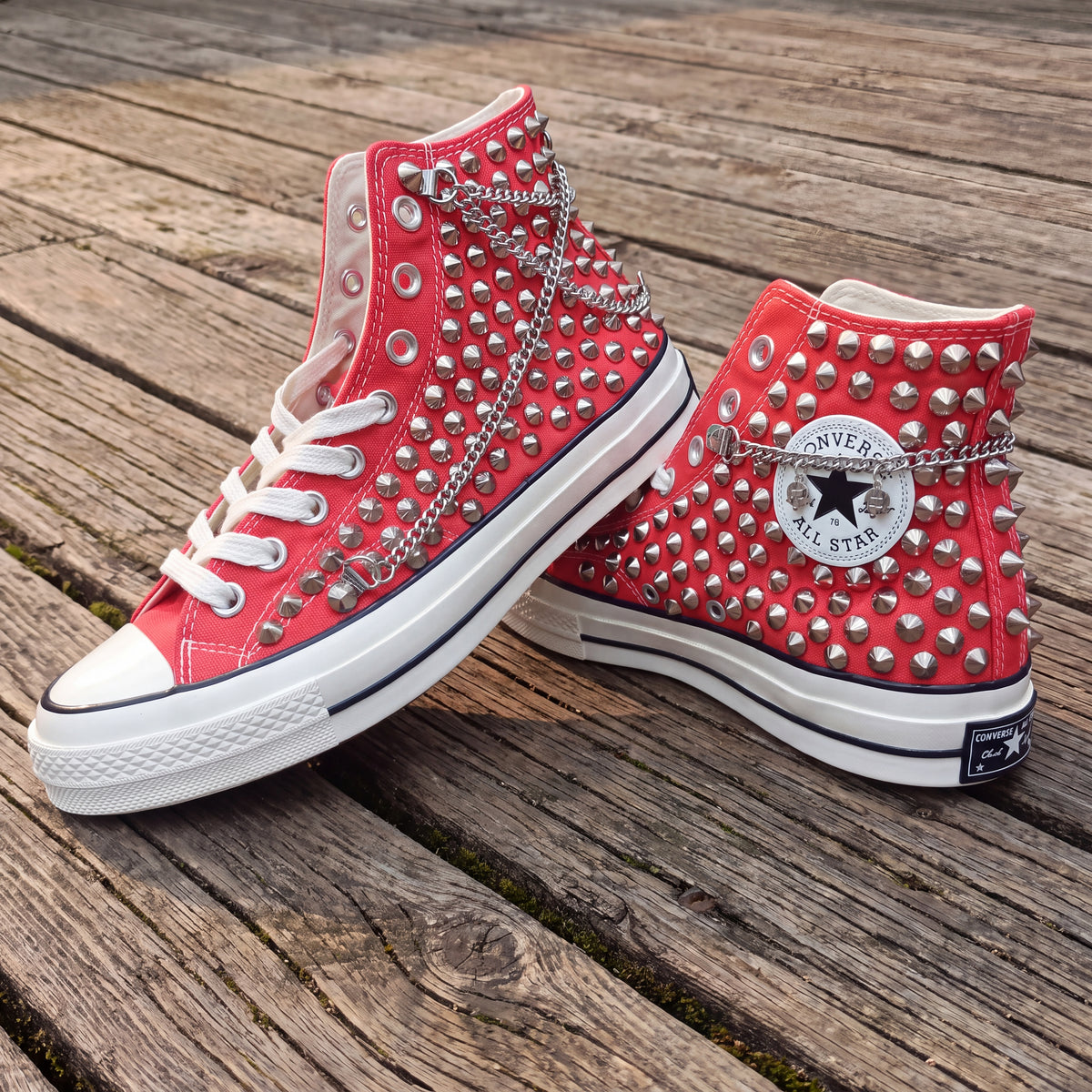 Red Studded High Top Sneakers with Silver Chains – Punk Rock Custom Canvas Shoes