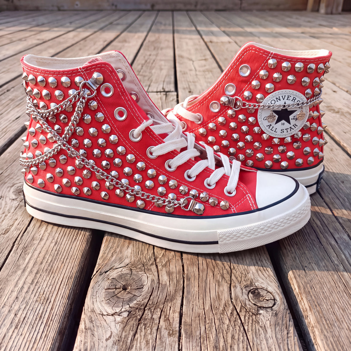 Red Studded High Top Sneakers with Silver Chains – Punk Rock Custom Canvas Shoes