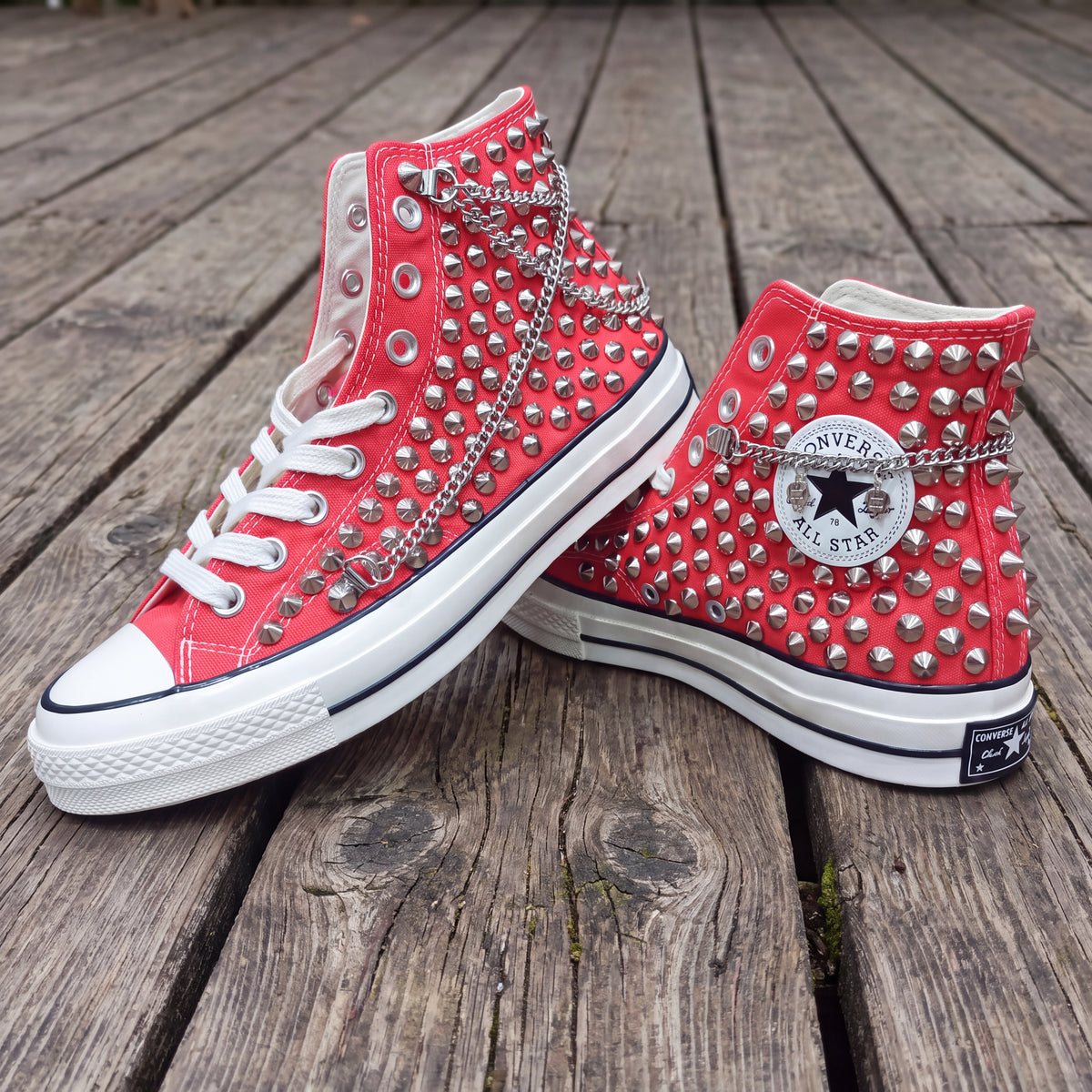 Red Studded High Top Sneakers with Silver Chains – Punk Rock Custom Canvas Shoes