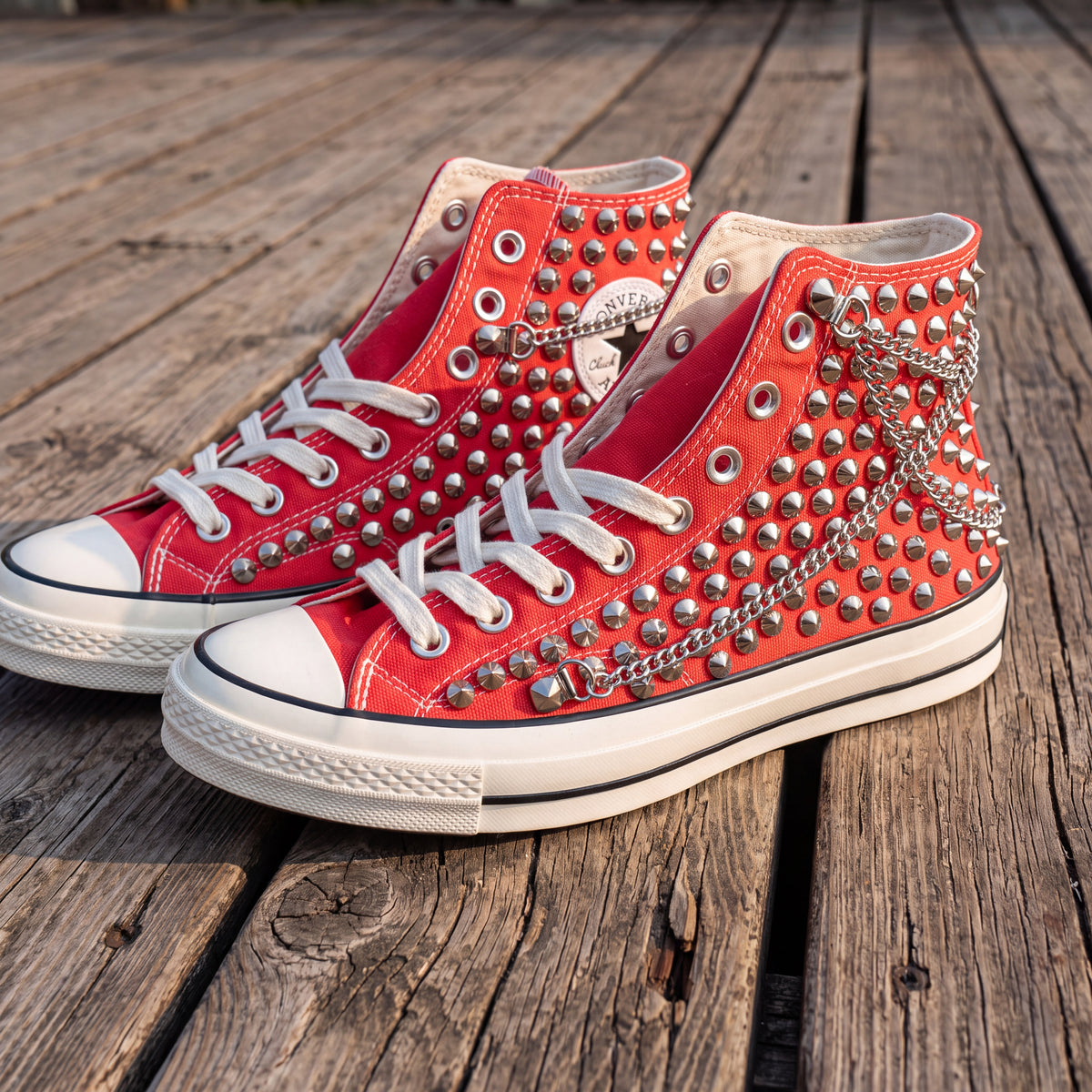 Red Studded High Top Sneakers with Silver Chains – Punk Rock Custom Canvas Shoes