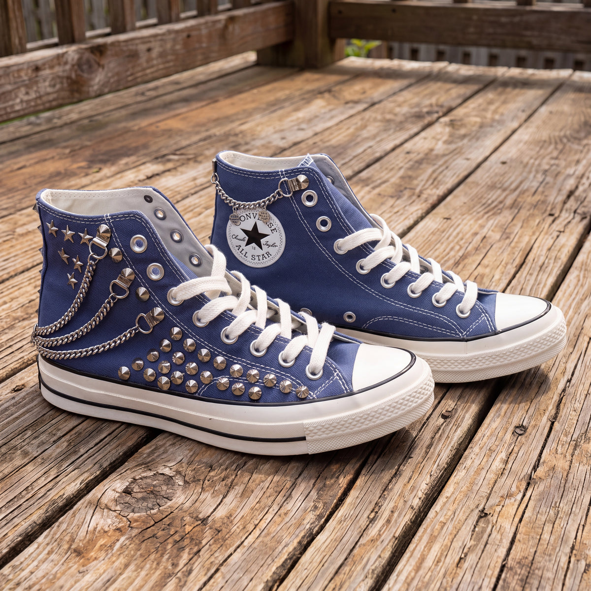Blue Studded High Top Sneakers with Silver Chains & Star Studs – Punk Rock Custom Canvas Shoes