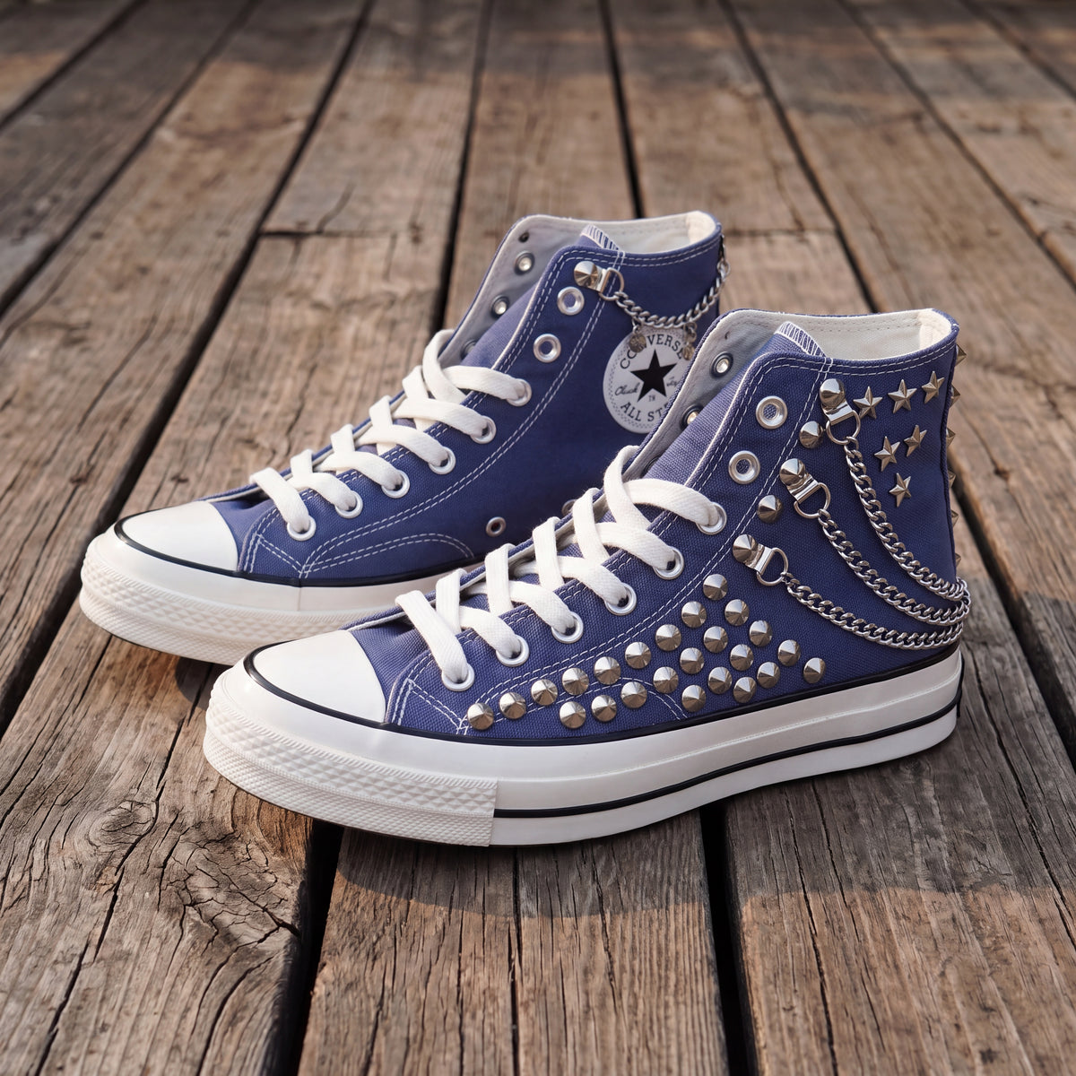 Blue Studded High Top Sneakers with Silver Chains & Star Studs – Punk Rock Custom Canvas Shoes