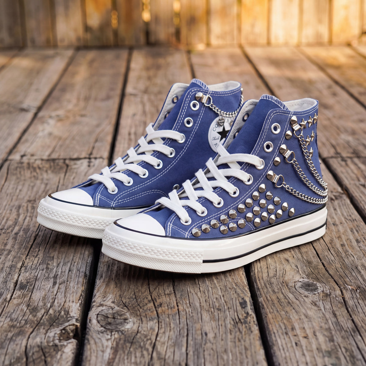 Blue Studded High Top Sneakers with Silver Chains & Star Studs – Punk Rock Custom Canvas Shoes