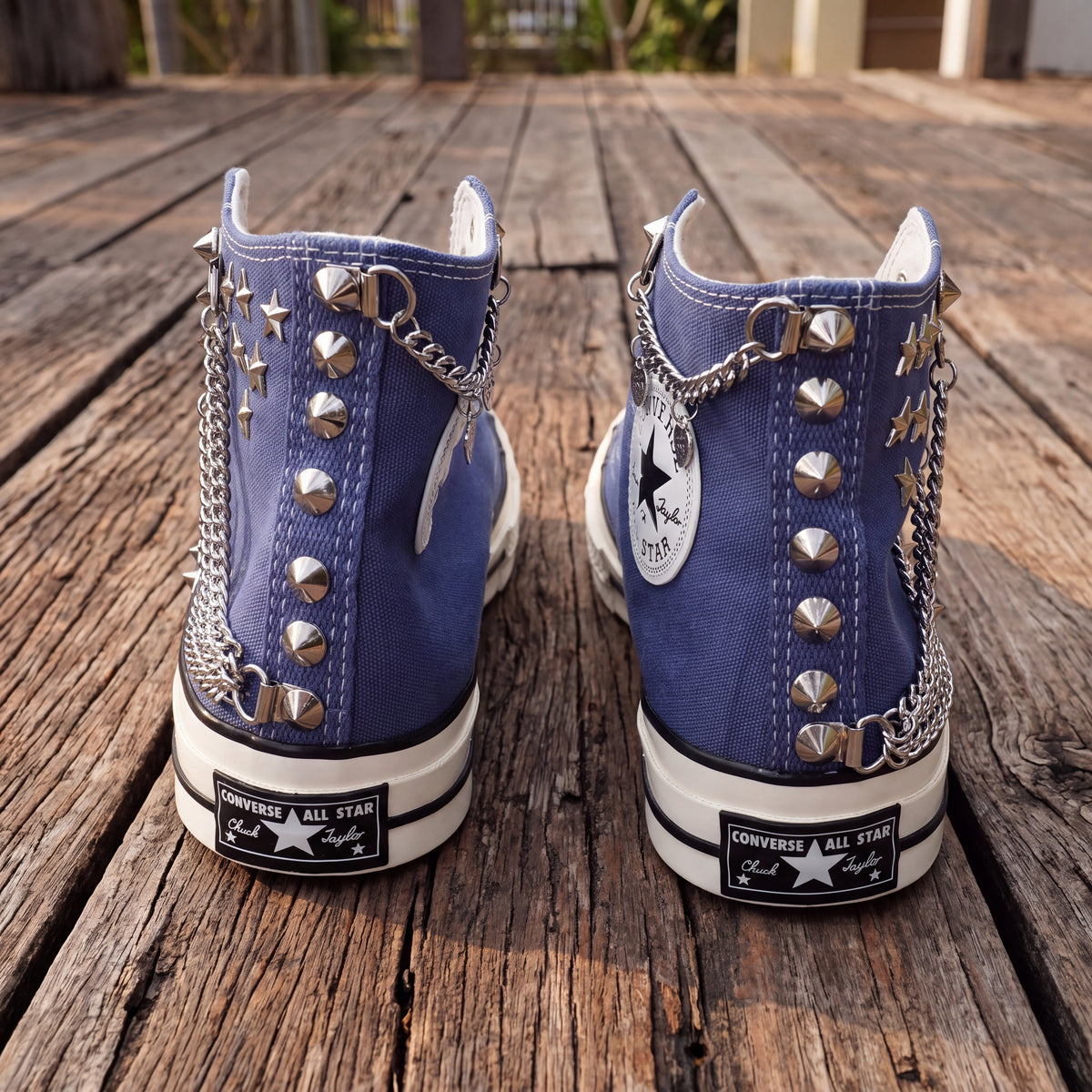 Blue Studded High Top Sneakers with Silver Chains & Star Studs – Punk Rock Custom Canvas Shoes