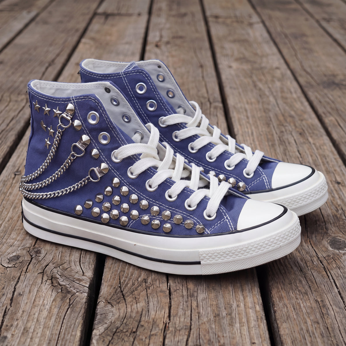 Blue Studded High Top Sneakers with Silver Chains & Star Studs – Punk Rock Custom Canvas Shoes