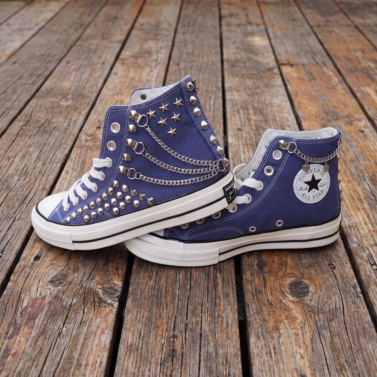 Blue Studded High Top Sneakers with Silver Chains & Star Studs – Punk Rock Custom Canvas Shoes