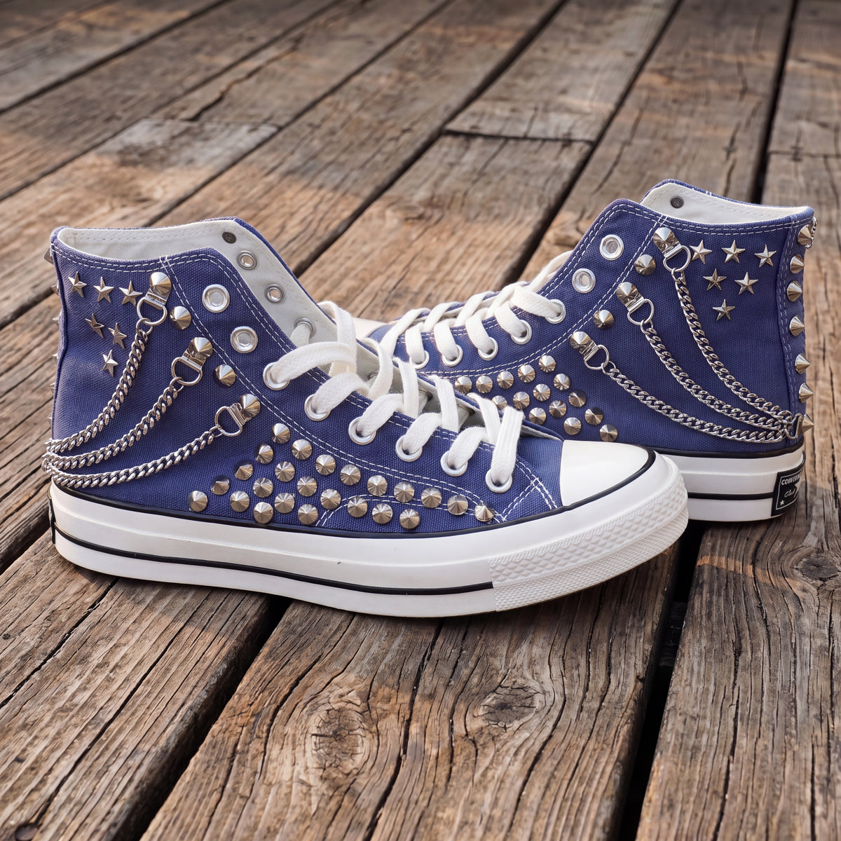 Blue Studded High Top Sneakers with Silver Chains & Star Studs – Punk Rock Custom Canvas Shoes