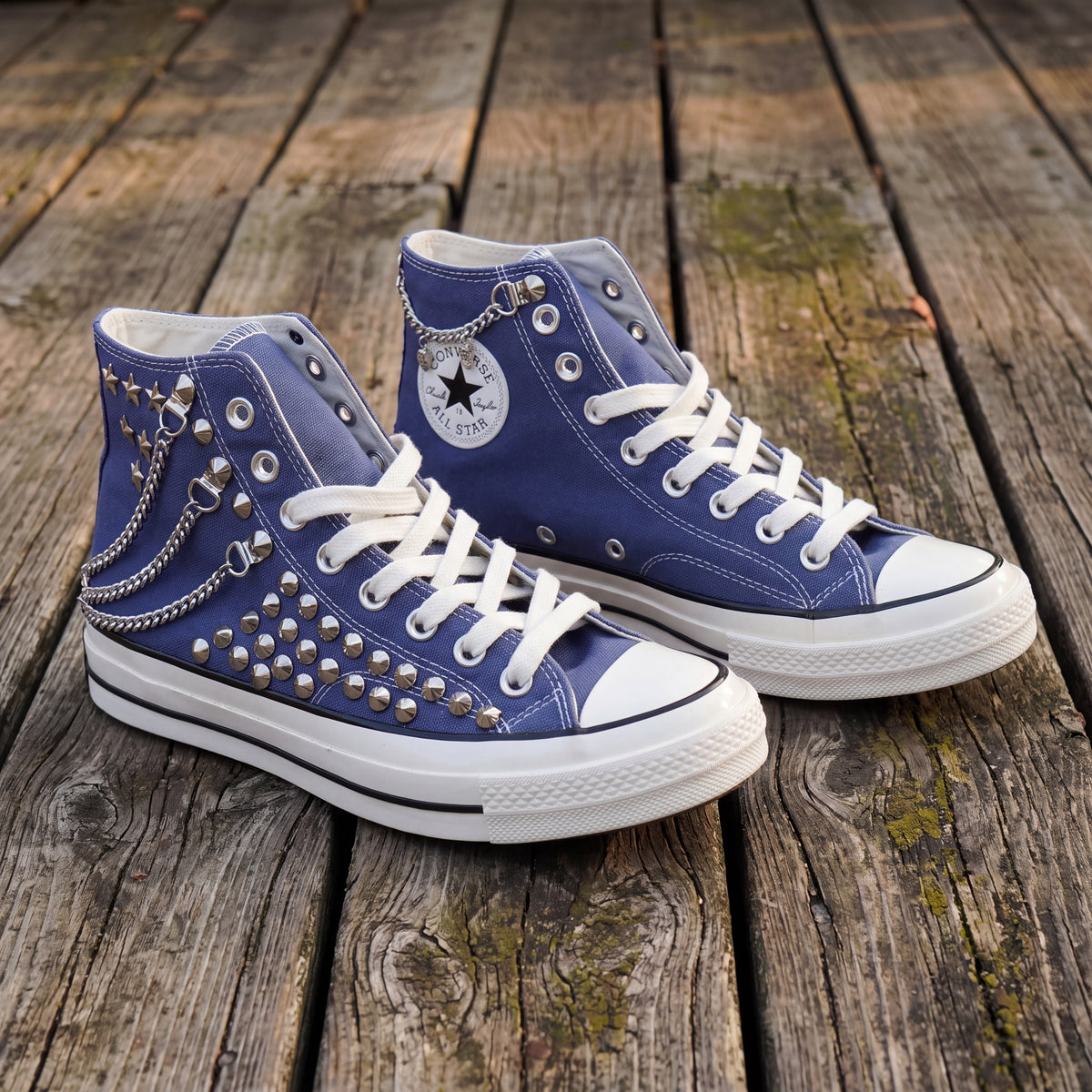 Blue Studded High Top Sneakers with Silver Chains & Star Studs – Punk Rock Custom Canvas Shoes