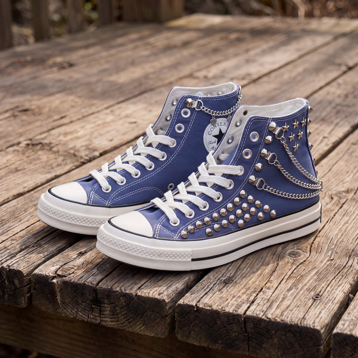 Blue Studded High Top Sneakers with Silver Chains & Star Studs – Punk Rock Custom Canvas Shoes