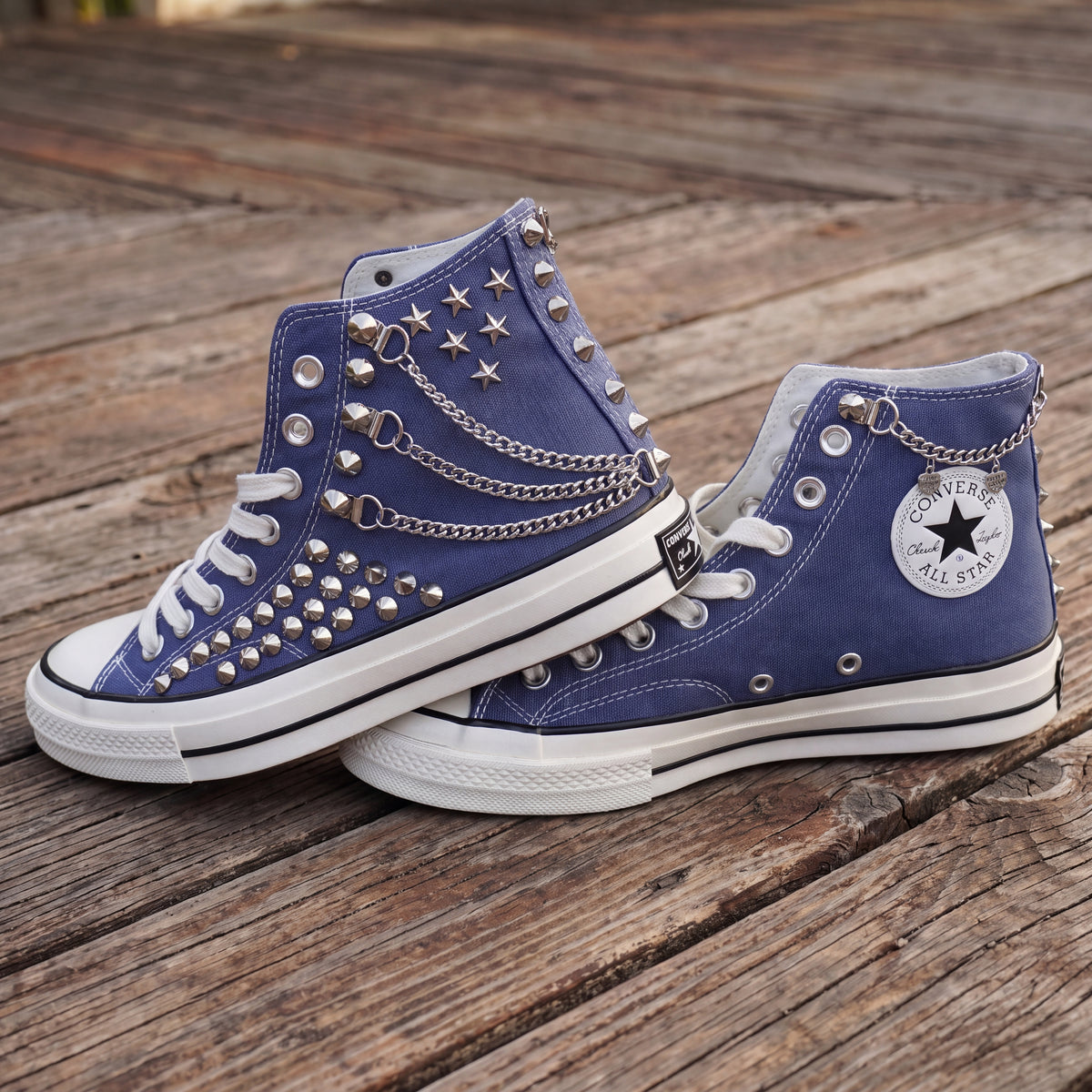 Blue Studded High Top Sneakers with Silver Chains & Star Studs – Punk Rock Custom Canvas Shoes
