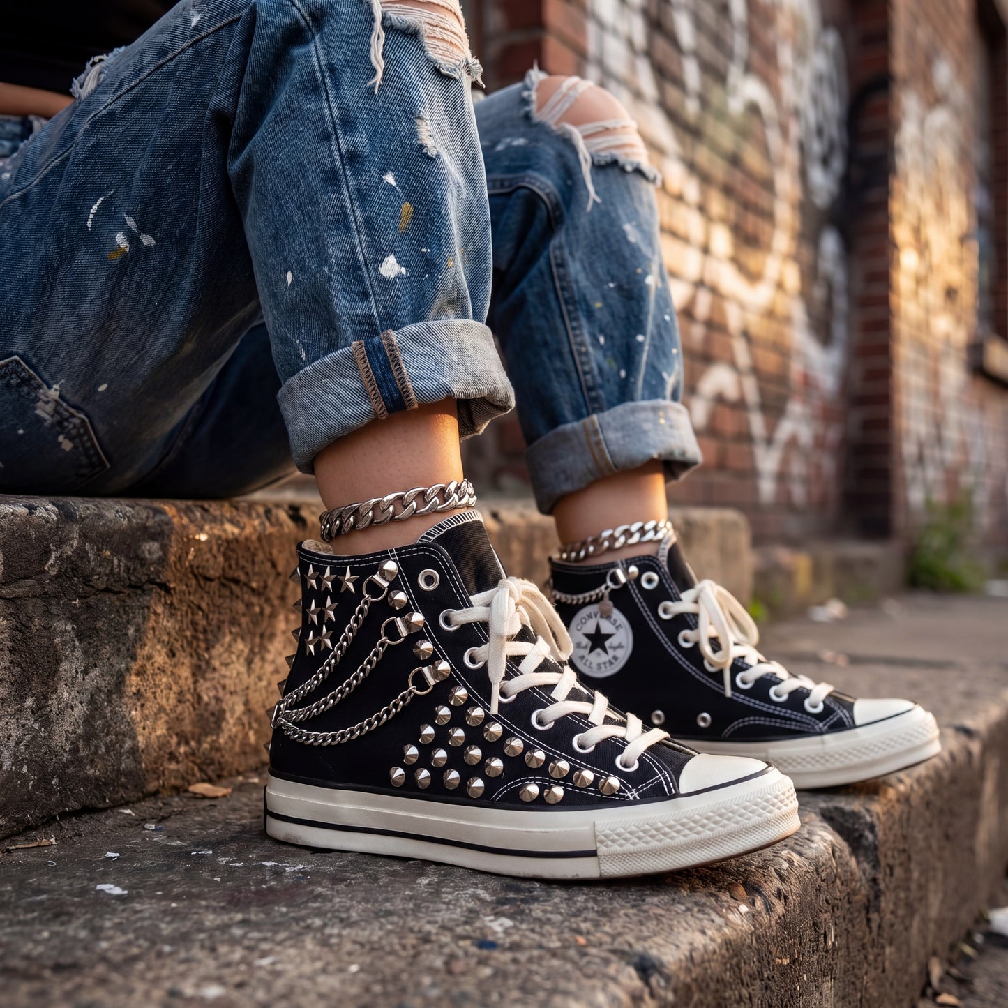 Punk rock Converse sneakers with silver spikes, chains and canvas upper