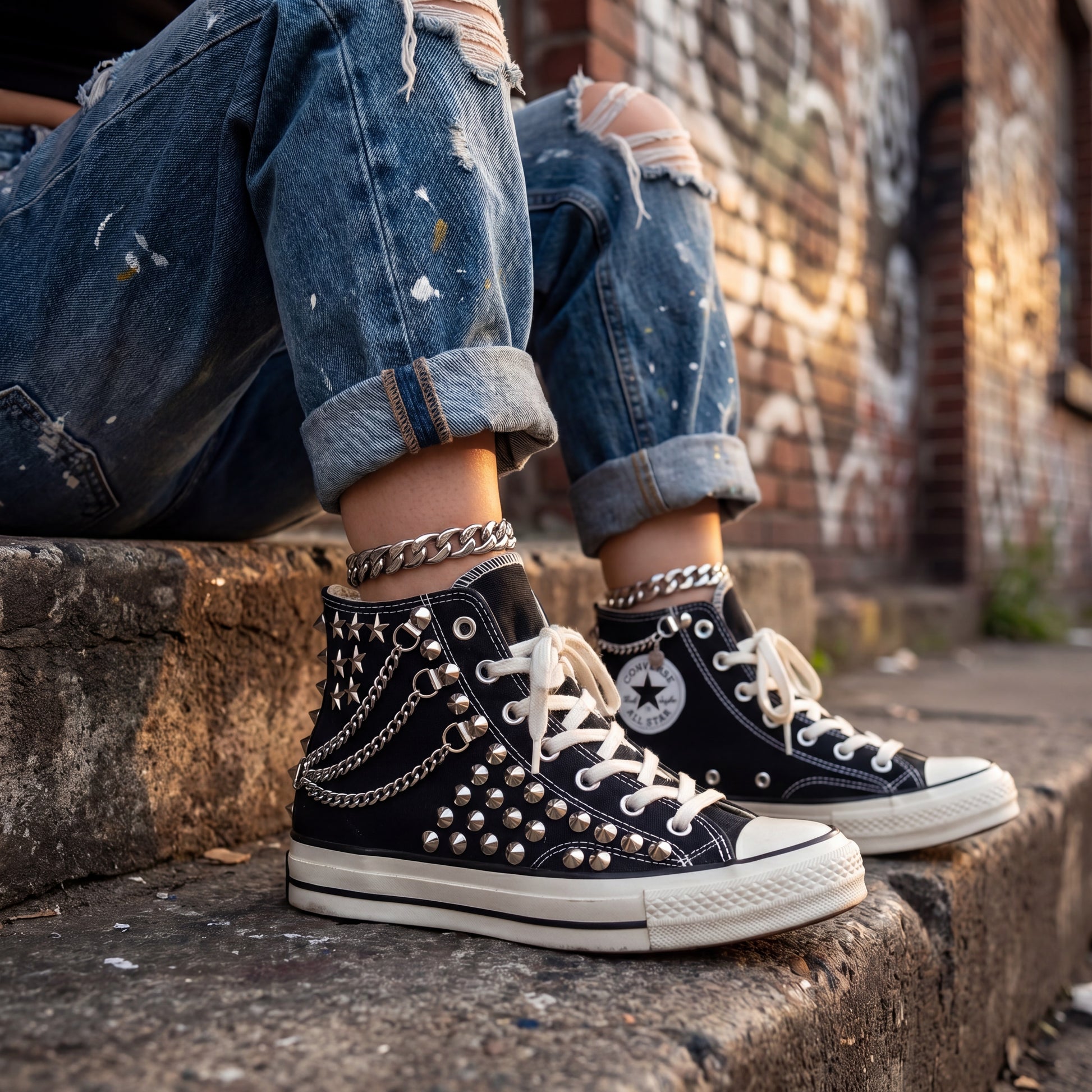 Punk rock Converse sneakers with silver spikes, chains and canvas upper
