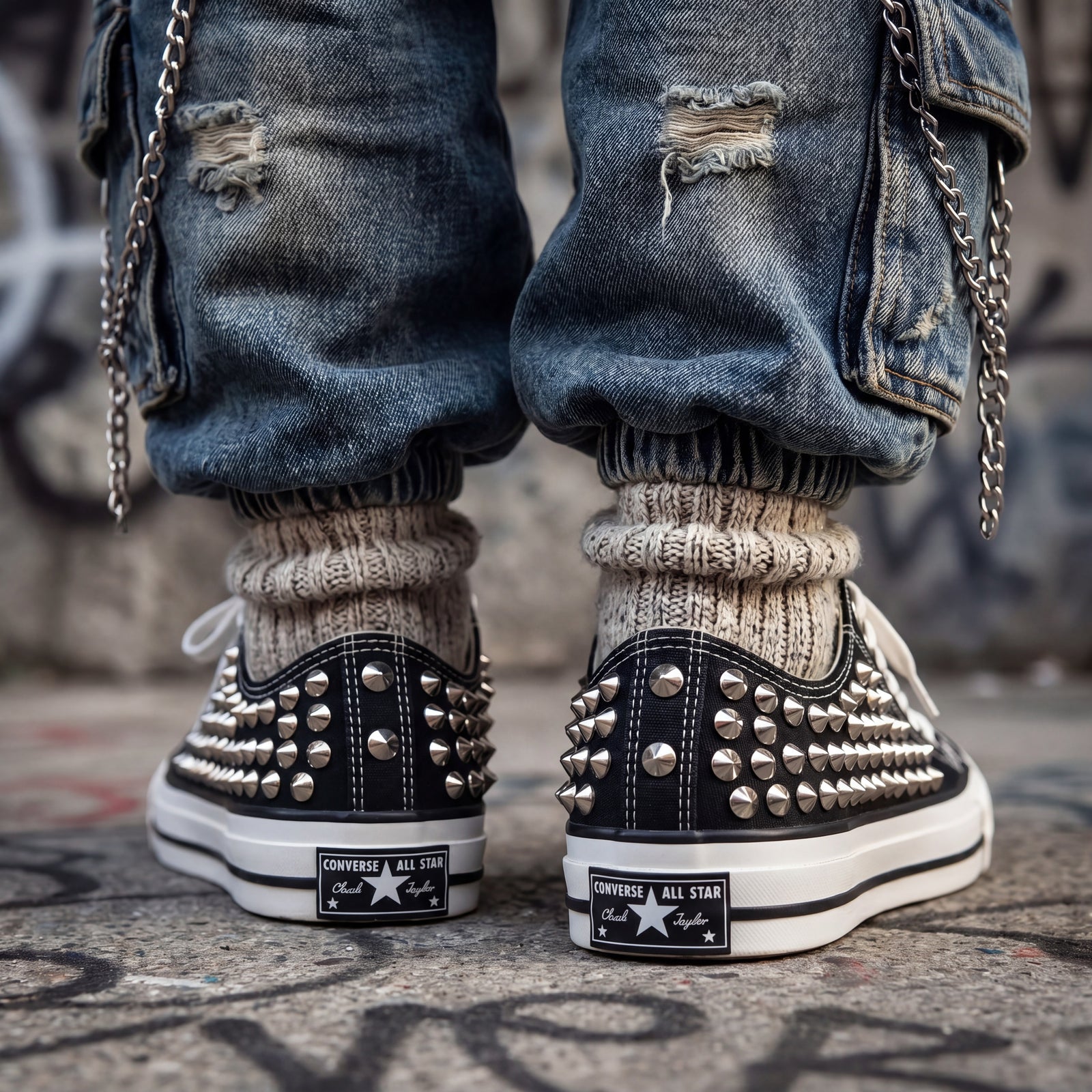 Custom black canvas Converse shoes with silver studs and bold streetwear look