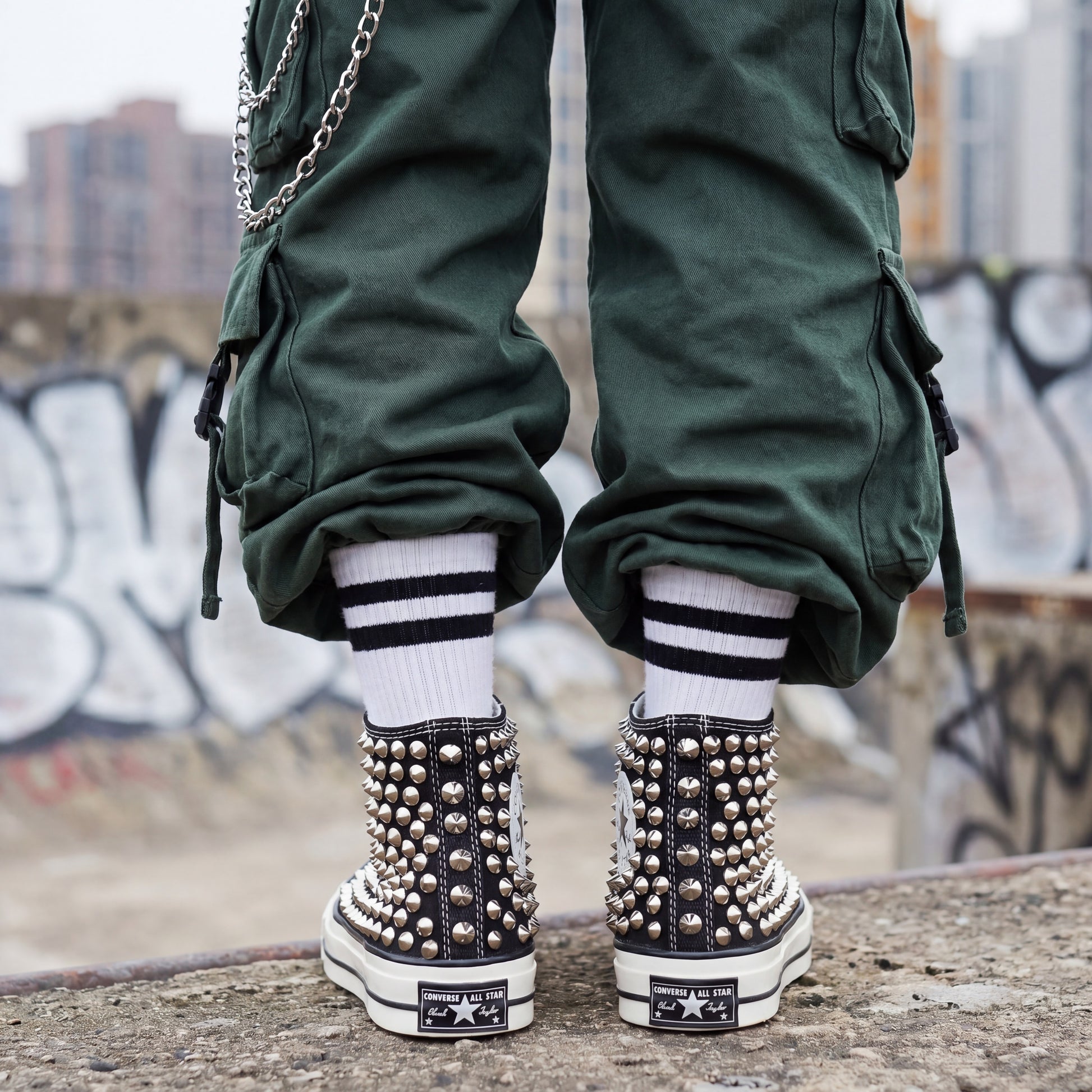 Punk rock Converse sneakers with silver studded canvas design