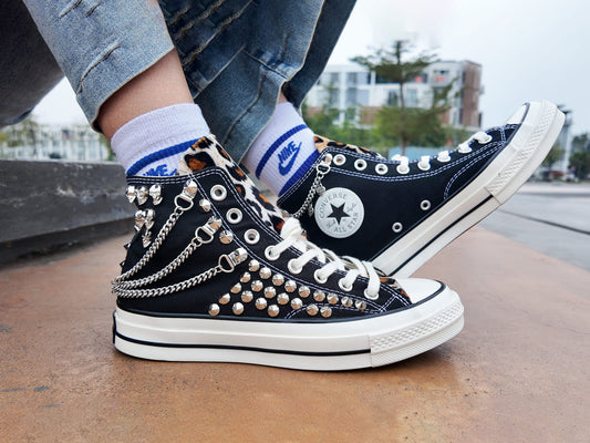 Handmade Studded Leopard-High Top Custom Sneakers-Grunge Punk Style Shoes