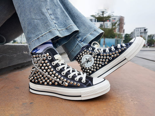 Studded Converse High Tops-Punk Rock Statement Sneakers-K-pop style studded shoes-Trendy Converse shoes-Strong Style Studded Shoes