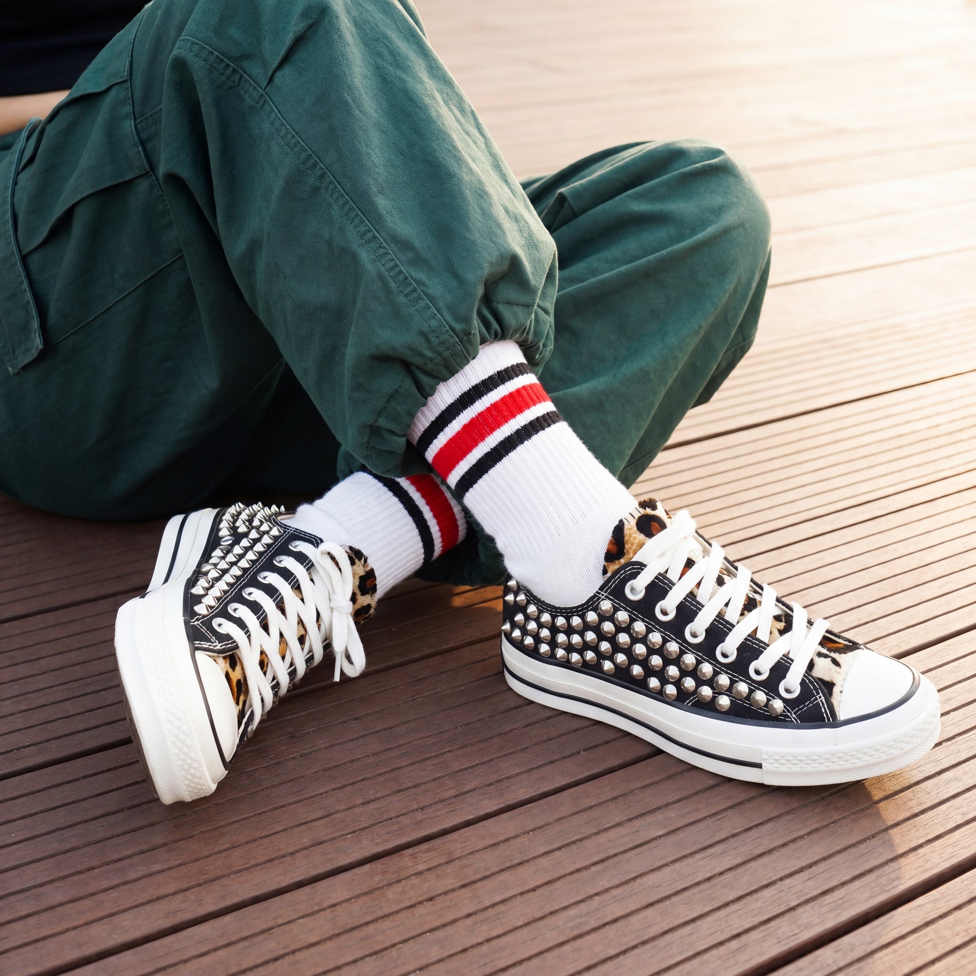 Handmade punk style canvas shoes with silver spike details