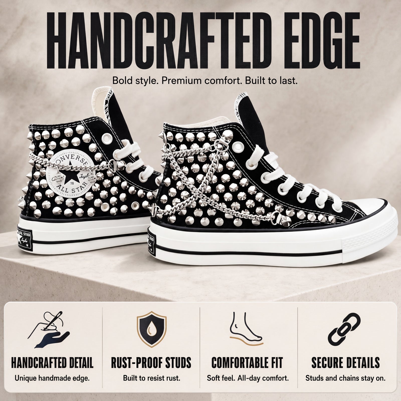 Black handcrafted Converse high top sneakers with silver studs and chain details, displayed on a beige background with premium comfort and durable handmade design highlights.