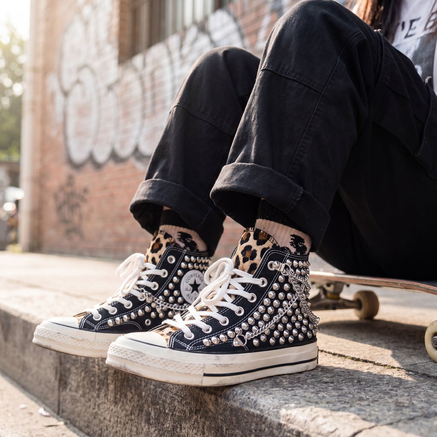 Handmade studded Converse shoes with chains, spikes and leopard accents