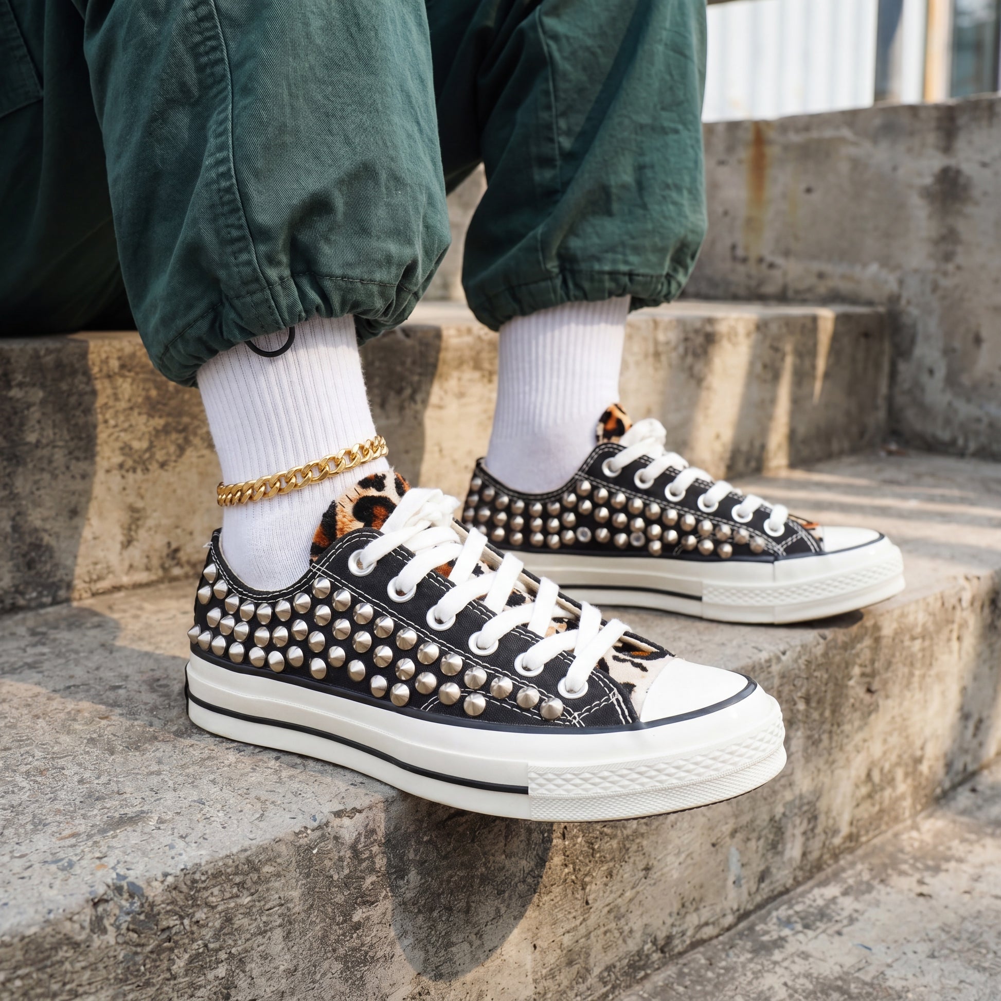 Punk rock canvas shoes with silver studs for streetwear outfit