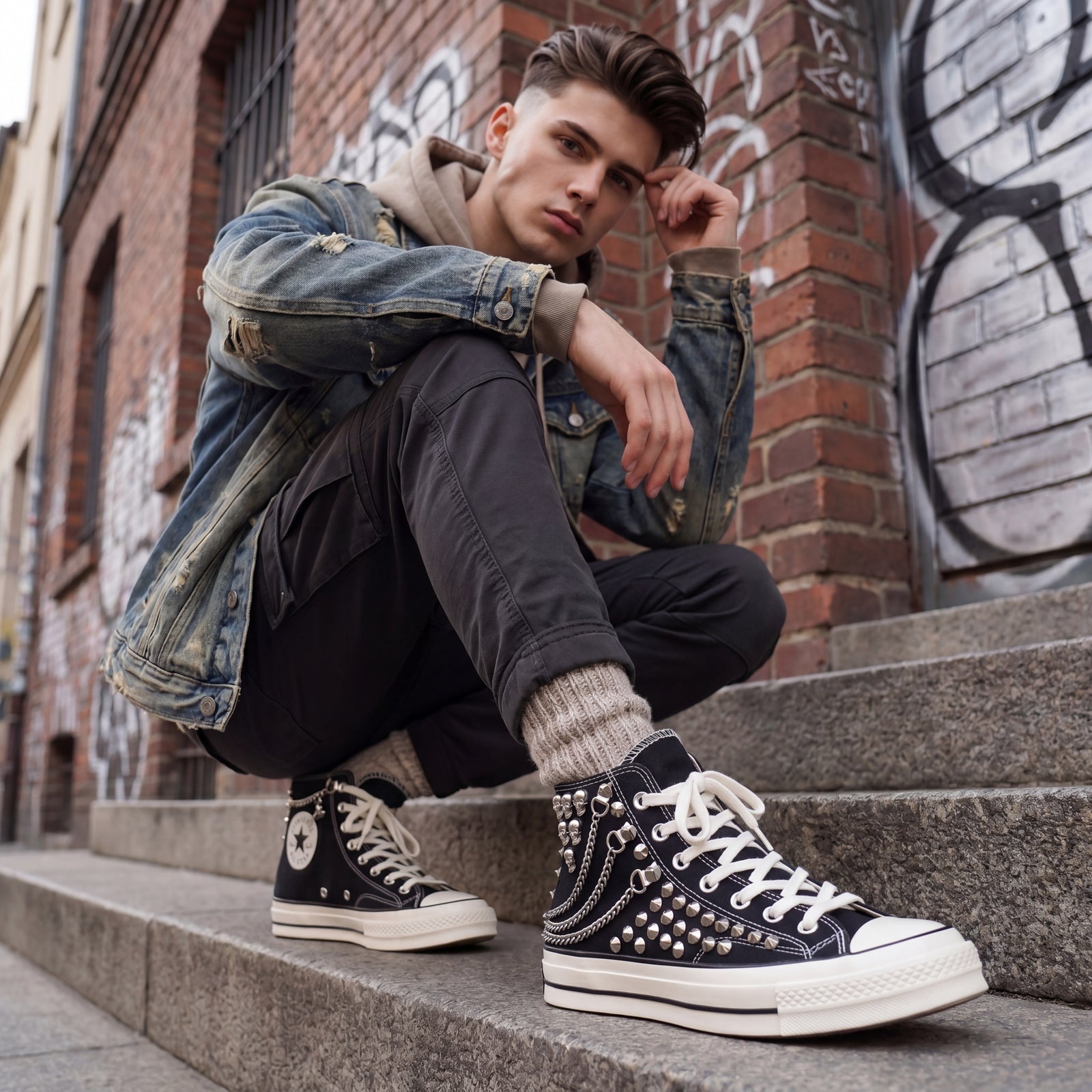Close-up of young male model wearing black studded Converse sneakers with chains, seated against a brick wall in street style fashion