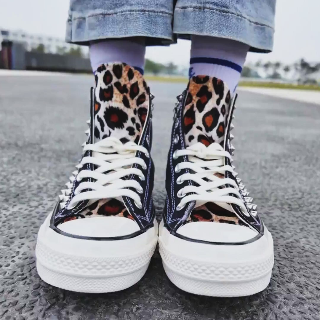 Punk style black sneakers with metal studs chain and leopard print