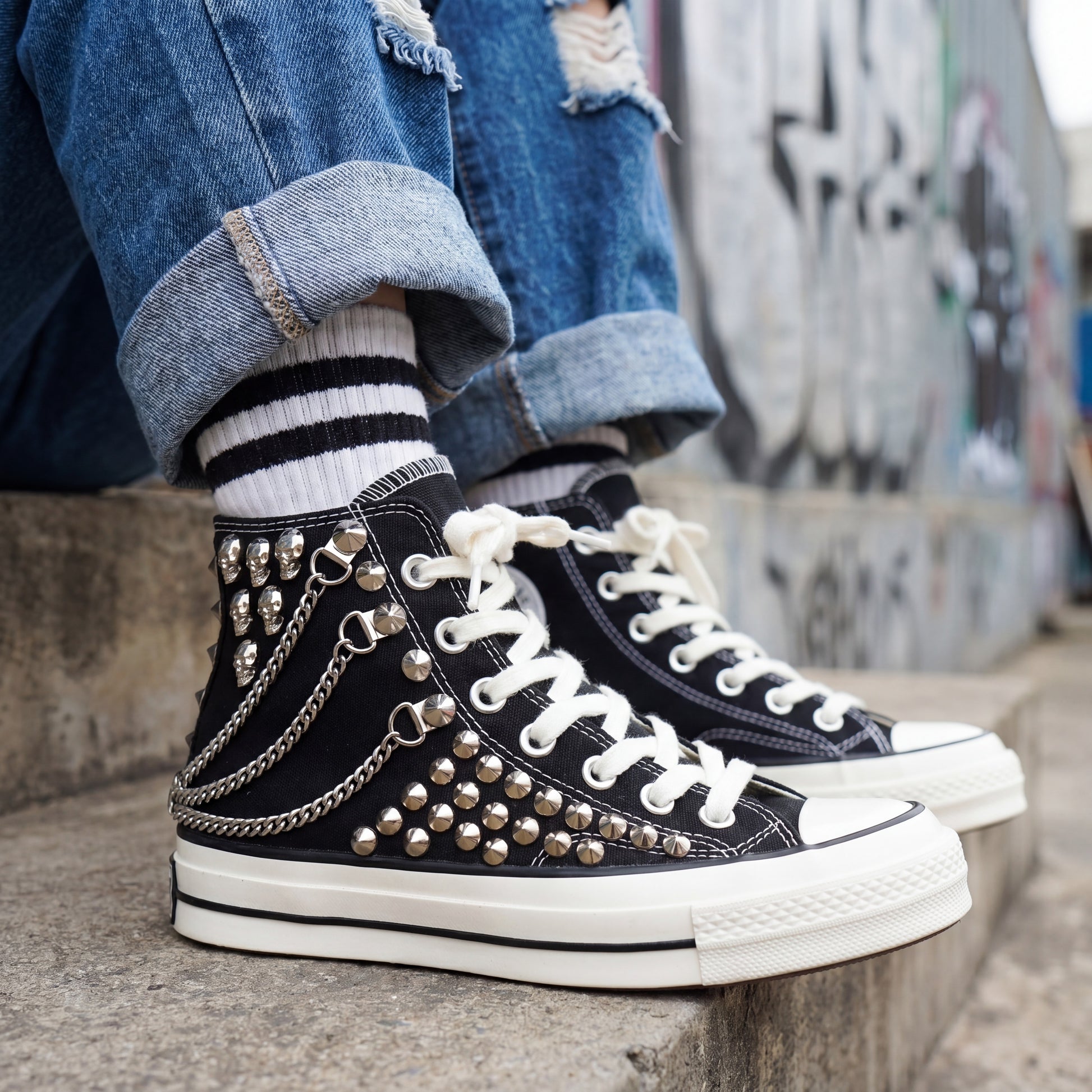 Unisex punk rock Converse shoes with silver studs and white rubber sole