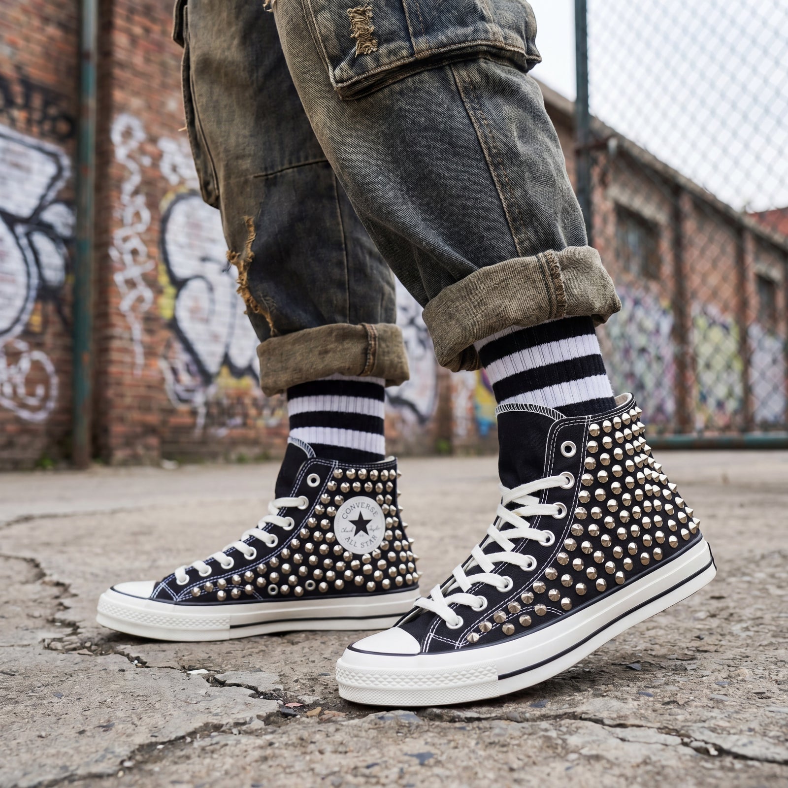 Black studded Converse sneakers for bold street style outfits