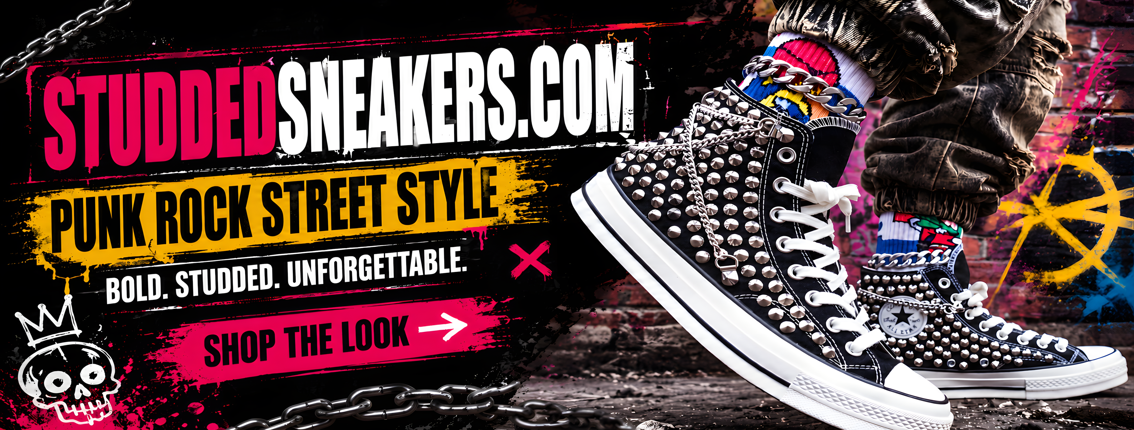 Studded black Converse sneakers with punk rock street style design and StuddedSneakers.com banner advertisement